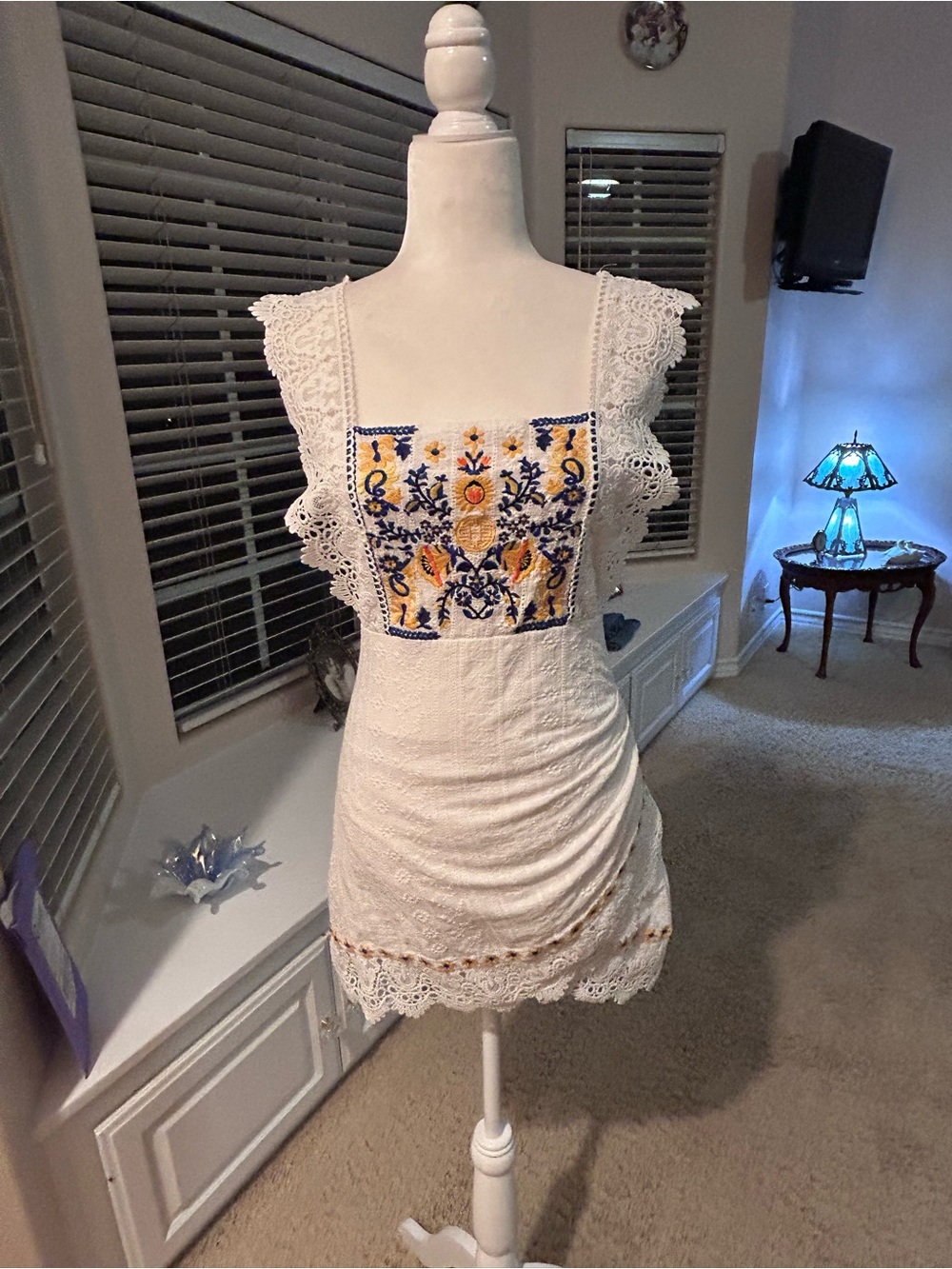 Herencia Collection White Embroidered Lace-Trim Square Neck Mini Dress